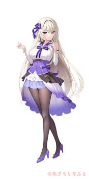 1girl amaemi-longing_for_you- bare_shoulders black_pantyhose blush bow bowtie bracelet breasts bridal_gauntlets collar copyright_notice corset eyes_visible_through_hair full_body gold_bracelet grey_hair hair_ribbon hands_up high_heels jewelry kurusu_sakuya large_breasts long_hair looking_at_viewer nail_polish official_art oryo_(oryo04) pantyhose parted_lips purple_bow purple_bowtie purple_collar purple_corset purple_eyes purple_nails purple_ribbon purple_shoes purple_skirt ribbon shirt shoes simple_background skirt sleeveless sleeveless_shirt smile solo standing tachi-e two-tone_skirt very_long_hair white_background white_bridal_gauntlets white_shirt white_skirt