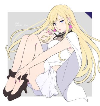 1girl bare_arms bare_legs black_ribbon black_shoes blonde_hair blue_eyes border breasts cape character_name choker clothing_cutout commentary dress earrings floating_hair from_side gigi_andalusia grey_background gundam gundam_hathaway's_flash hand_on_own_ankle hand_up high_heels highres hip_vent jewelry knees_up legs_together long_hair looking_at_viewer medium_breasts nail_polish ogura_(onigiritakusan) outside_border parted_lips purple_nails ribbon ribbon_choker shoes simple_background sitting solo strappy_heels triangle_earrings very_long_fingernails very_long_hair white_border white_cape white_dress