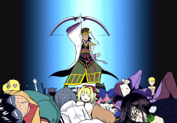 @_@ abs arash_(fate) bare_shoulders black_hair blonde_hair bow bow_(weapon) breasts character_name character_request chen_gong_(fate) chinese_clothes clenched_hand commentary crossed_arms dark-skinned_male dark_skin domino_mask dumuzid_(fate) eye_mask fate/grand_order fate_(series) g_gundam gilgamesh_(fate) glasses gloves grass gundam hair_bow hair_intakes holding holding_bow_(weapon) holding_weapon jewelry katana large_breasts lord_el-melloi_ii makishima_rin mask necklace nero_claudius_(bride)_(fate) nero_claudius_(fate) opaque_glasses paracelsus_von_hohenheim_(fate) pink_hair pointing pointing_up purple_hair scathach_(fate) scathach_skadi_(fate) scathach_skadi_(first_ascension)_(fate) sweat sword tamamo_no_mae_(fate) topless_male twintails waver_velvet weapon white_gloves