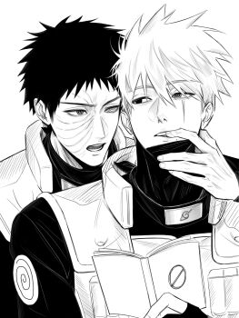 2boys black_hair black_shirt book damyo_x facial_mark finger_in_another's_mouth flak_jacket greyscale hair_between_eyes hatake_kakashi headband_around_neck heterochromia highres holding holding_book jacket konohagakure_symbol male_focus mask mask_pull monochrome mouth_mask multiple_boys naruto_(series) naruto_shippuuden open_mouth scar scar_across_eye scar_on_face sharingan shirt short_hair uchiha_obito white_background white_hair yaoi
