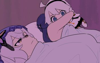 Rule 34 | 3girls, 500 dollar four foot tall mareep (meme), acheron (honkai: star rail), ahoge, bed, black swan (honkai: star rail), blue eyes, character doll, closed mouth, commentary, doll, english commentary, highres, honkai: star rail, honkai (series), honkai impact 3rd, hugging object, in-franchise crossover, kiana kaslana, kiana kaslana (white comet), meme, multiple girls, purple hair, sleeping, stuffed toy, ukaya masaru, under covers, white hair, yuri