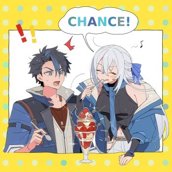 ! !! 1boy 1girl beads black_hair blue_eyes blue_jacket blue_necktie blue_ribbon blue_streaks border bridal_gauntlets closed_eyes commentary crossed_bangs dog_tags double-parted_bangs eating eighth_note eiyuu_densetsu english_text food food_on_face fur_collar hair_between_eyes hair_ribbon half_updo highres holding holding_spoon ice_cream jacket kuro_no_kiseki kuro_no_kiseki_(series) kuro_no_kiseki_ii loose_clothes loose_necktie multicolored_hair musical_note necktie open_clothes open_jacket open_mouth outside_border prayer_beads ribbon rope sakuraihum shimenawa shizuna_rem_misurugi short_hair simple_background speech_bubble spoon streaked_hair sundae surprised sweatdrop tongue tongue_out two-tone_hair untranslatable_commentary v-shaped_eyebrows van_arkride white_background windbreaker yellow_border