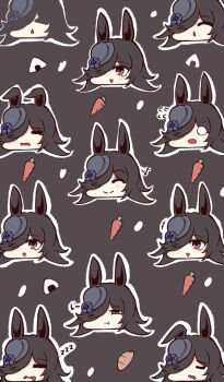 &gt;_&lt; +++ 1girl :&gt; :t ^_^ black_background black_hair black_hat blue_flower blue_rose carrot chibi closed_eyes closed_mouth drooling ears_down flower food hair_over_one_eye half-closed_eye hat hat_flower head_only kawamochi_(kawauti919) mouth_drool o_o onigiri outline parted_lips pout red_eyes rice_shower_(umamusume) rose simple_background sleeping tilted_headwear triangle_mouth umamusume v-shaped_eyebrows wavy_mouth white_outline zzz