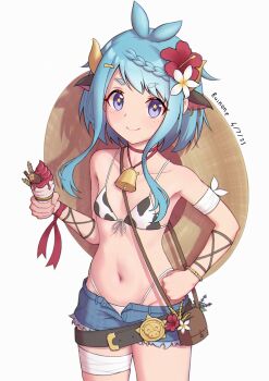 Rule 34 | + +, 1girl, absurdres, animal ears, animal print, armpit peek, bag, bandages, bell, belt, belt buckle, blue eyes, blue hair, buckle, cow ears, cow girl, cow horns, cow print, cowbell, denim, denim shorts, flat chest, flower, hair flower, hair ornament, highleg, highleg panties, highres, horns, ice cream cone, looking at viewer, loose belt, mahiru (princess connect!), mahiru (ranger) (princess connect!), navel, panties, pelvic curtain, princess connect!, ruinone, short hair, short shorts, shorts, shoulder bag, stomach, string bra, swimsuit, underwear, white background