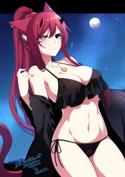 Rule 34 | 1girl, animal ears, bikini, black bikini, black eyes, cat tail, full moon, grin, heterochromia, horns, jewelry, konshin, long hair, moon, navel, necklace, original, ponytail, purple eyes, purple hair, smile, solo, swimsuit, tail