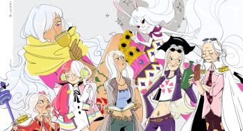 Rule 34 | 6+girls, belt, blue eyes, book, bottle, bow, bowtie, carrot, carrot (one piece), cesel, charlotte smoothie, color connection, commentary, crop top, cup, dr. kureha, english commentary, epaulettes, eyewear on head, gloriosa (one piece), hair color connection, hair over one eye, hand on own hip, highres, holding, holding book, holding bottle, holding cup, leg tattoo, moon, multicolored hair, multiple girls, nico olvia, old, one piece, ponytail, purple eyes, red hair, short ponytail, size difference, smile, sparkle, sulong form, tattoo, tsuru (one piece), twitter username, two-tone hair, uta (one piece), very long sleeves, white hair, wrinkled skin