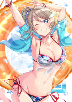 Rule 34 | 1girl, armpits, bikini, bikini day, blue eyes, blue nails, blue sweater, bracelet, breasts, brown hair, cloud, donut innertube, fingernails, floral print, highres, innertube, iroenpitsu xxx, jewelry, large breasts, looking at viewer, love live!, love live! sunshine!!, nail polish, navel, one eye closed, ponytail, short hair, signature, sky, smile, solo, sweater, swim ring, swimsuit, upper body, watanabe you, water, water drop, watermark