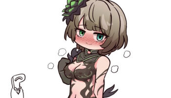 Rule 34 | 1girl, 1other, bare shoulders, black gloves, blue eyes, blush, breasts, brown hair, cleavage, closed mouth, covered erect nipples, elbow gloves, gloves, green eyes, hand up, heterochromia, idolmaster, idolmaster cinderella girls, kawamochi (kawauti919), medium breasts, mole, mole under eye, navel, nose blush, p-head producer, producer (idolmaster), simple background, smile, solo focus, takagaki kaede, upper body, white background