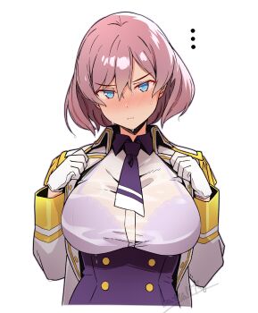 1girl batta_16-sei blue_eyes blush bra bra_visible_through_clothes breasts closed_mouth commentary_request epaulettes gloves gridman_universe hair_between_eyes highres large_breasts long_sleeves looking_at_viewer mujina necktie pink_hair purple_bra purple_necktie see-through_clothes see-through_shirt shirt short_hair simple_background solo ssss.dynazenon sweat underwear upper_body white_background white_gloves white_shirt