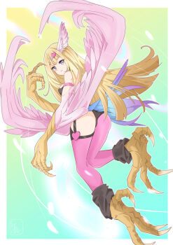 Rule 34 | 1girl, ass, asymmetrical legwear, blonde hair, blue eyes, claws, duel monster, feathered wings, from behind, full body, half-harpy, harpie girl (yu-gi-oh!), highres, long hair, looking at viewer, mochi curry, smile, solo, talons, very long hair, winged arms, wings, yu-gi-oh!