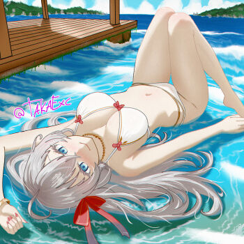 1girl ahoge alisa_mikhailovna_kujou arm_at_side arm_up artist_name bikini blue_eyes blue_sky blush bow bow_bikini breasts cleavage closed_mouth cloud commentary crossed_bangs day english_commentary fingernails floating full_body grey_hair hair_between_eyes hair_bow hair_spread_out highres jewelry knees_up lake large_breasts long_bangs long_hair looking_at_viewer lying lying_on_water moss nail_polish navel necklace nose_blush outdoors pearl_necklace pier red_bow red_nails shade shadow sky smile solo srtaka stomach sunlight swimsuit tokidoki_bosotto_roshia-go_de_dereru_tonari_no_alya-san water white_bikini wispy_bangs wooden_floor wristband