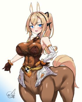 1girl :d animal_ears arcanadea armpits bare_shoulders belt black_gloves blonde_hair blue_eyes bodysuit breasts brown_bodysuit centaur cleavage commentary_request covered_navel cowboy_shot detached_sleeves doyouwantto elena_(arcanadea) gloves gold_belt grey_sleeves hair_between_eyes hand_on_own_hip horse_ears horse_tail large_breasts long_hair looking_at_viewer monster_girl multiple_legs open_mouth ponytail see-through_cleavage see-through_clothes sidelocks signature single_detached_sleeve skindentation sleeveless sleeveless_bodysuit smile solo standing tail taur teeth upper_teeth_only