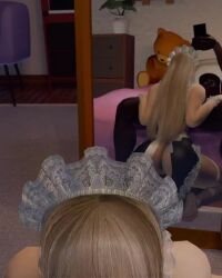 1boy 1girl 3d animated ass blonde_hair blue_eyes breasts dark-skinned_male dark_skin emilie_de_rochefort fellatio hetero indoors interracial large_breasts long_hair looking_at_viewer maid maid_headdress mirror mirror_image oral pov reflection rougenine tagme tekken video