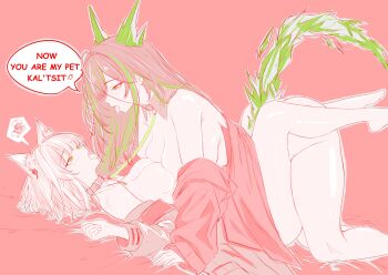 2girls absurdres animal_ear_fluff animal_ears arknights breasts cassava_sketch cat_ears commentary crystal_tail extra_ears fake_animal_ears green_eyes highres jacket kal&#039;tsit_(arknights) long_hair lying mon3tr_(arknights) multiple_girls nude on_back open_clothes open_jacket saliva saliva_trail short_hair sketch symbol-only_commentary tail tongue tongue_out yuri