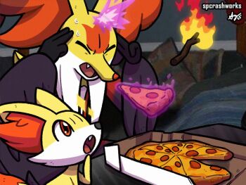 animal_ear_fluff animal_ears black_fur closed_mouth commentary concentrating delphox english_commentary fang fennekin finger_to_head fingers_to_head fire floating floating_food floating_object food fox fox_ears furry gen_6_pokemon hands_on_own_head levitation man_levitating_pizza_(meme) mega_delphox mega_pokemon meme multicolored_fur nintendo open_mouth pepperoni pepperoni_pizza pizza pizza_box pizza_slice pokemon pokemon_(creature) pokemon_focus red_eyes red_fur snout spcrashworks telekinesis white_fur yellow_fur
