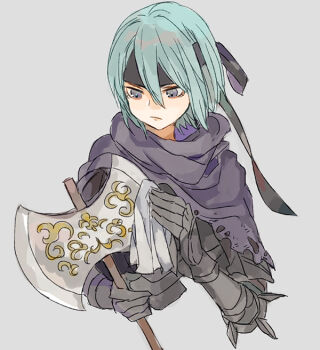 1girl armor axe beruka_(fire_emblem) black_armor blue_hair capelet cleaning cleaning_rag cleaning_weapon closed_mouth commentary_request fire_emblem fire_emblem_fates headband holding holding_axe looking_at_object nintendo shourou_kanna solo torn_capelet torn_clothes weapon