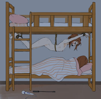2girls absurdres artist_name ball_gag barefoot bdsm bed blush bondage bound breasts brown_eyes brown_hair bunk_bed commentary commission completely_nude cuffs english_commentary eudetenis femdom from_side futaba_(pretzelfan) gag gagged hair_ornament hairclip highres hitachi_magic_wand ichika_(pretzelfan) indoors ladder lying multiple_girls neglect_play nipples nude on_side original pillow restrained riding_crop rope second-party_source sex_toy short_hair siblings sisters sleeping small_breasts stationary_restraints suspension trembling under_covers vibrator whip_marks