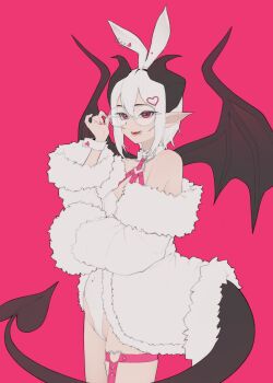Rule 34 | 1girl, absurdres, anemoneeanemone, bare shoulders, commentary, demon girl, demon horns, demon tail, demon wings, fang, fur trim, glasses, hair between eyes, hair ornament, heart, heart hair ornament, heart ring strap, highres, horns, long pointy ears, looking at viewer, mole, mole under mouth, nail polish, off shoulder, open mouth, original, pink background, pink nails, pointy ears, red eyes, round eyewear, short hair, simple background, solo, tail, thigh strap, white-framed eyewear, white hair, wings, wrist cuffs