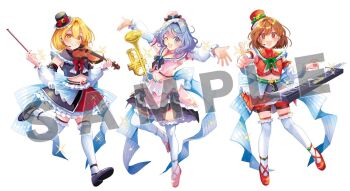 3girls alternate_costume azuma_aya black_bow black_bowtie black_overskirt blonde_hair blue_eyes blue_hair bow bow_(music) bowtie brown_eyes brown_hair commentary_request detached_sleeves friend_characters frilled_hat frills full_body hat headset holding holding_bow_(music) holding_instrument holding_violin idol instrument keyboard_(instrument) long_sleeves looking_at_viewer lunasa_prismriver lyrica_prismriver merlin_prismriver multiple_girls one_eye_closed open_mouth pantyhose pink_shirt pink_shoes pink_skirt red_bow red_bowtie red_hat red_shirt red_shoes red_shorts red_skirt sample_watermark shirt shoes shorts siblings simple_background sisters skirt smile thighhighs touhou trumpet violin watermark white_background white_pantyhose white_thighhighs yellow_eyes