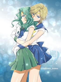 Rule 34 | 2girls, arms around another's waist, asymmetrical bangs, bishoujo senshi sailor moon, blonde hair, blue background, blue choker, blue eyes, blue necktie, blue sailor collar, blue skirt, blue trim, choker, closed mouth, commentary request, curtained hair, earrings, feet out of frame, floating hair, from side, gloves, gold earrings, gold headband, gradient background, green eyes, green hair, green sailor collar, green skirt, green trim, highres, hug, hug from behind, jewelry, kaiou michiru, light particles, light smile, looking at viewer, medium hair, multiple girls, neckerchief, necktie, ooshima tomo, pleated skirt, sailor collar, sailor neptune, sailor senshi uniform, sailor uranus, school uniform, serafuku, shirt, short hair, short sleeves, skirt, ten'ou haruka, tiara, twitter username, watermark, white background, white gloves, white shirt, yellow neckerchief, yuri