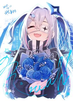 1girl alternate_costume amane_kanata angel black_hoodie blue_flower blue_nails bouquet closed_mouth colored_inner_hair commentary_request crossed_bangs eyepatch feathered_wings flower frills full-length_zipper hair_between_eyes hair_intakes hair_ornament hairpin halo high_collar hikawa_shou holding holding_bouquet hololive hood hoodie long_hair long_sleeves mini_wings multicolored_hair multiple_hairpins open_mouth sidelocks smile solo star_halo translation_request two_side_up virtual_youtuber white_hair wings zipper