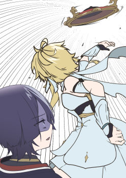 Rule 34 | 1boy, 1girl, arm at side, arm cutout, arm up, black bodysuit, black corset, black gloves, black hair, black kimono, black mask, blonde hair, blunt ends, bodysuit, breasts, clothing cutout, commentary request, corset, detached sleeves, dress, emphasis lines, facing away, feather hair ornament, feathers, genshin impact, gloves, gold, grey eyes, hair ornament, hat, highres, iwoarazumi129, japanese clothes, jewelry, jingasa, juban, kimono, looking at another, lumine (genshin impact), mask on hat, neck ring, open mouth, partially fingerless gloves, red hat, red kimono, scaramouche (genshin impact), scarf, shaded face, short hair, short hair with long locks, sidelocks, sideways mouth, small breasts, throwing, throwing hat, tsurime, turtleneck, turtleneck bodysuit, vambraces, white background, white dress, white feathers, white kimono, white scarf, white sleeves