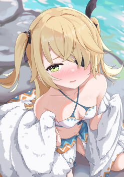 1girl absurdres bikini blonde_hair blush breasts cleavage commentary_request cosplay criss-cross_halter day eyepatch fischl_(genshin_impact) genshin_impact green_eyes hair_over_one_eye halterneck hands_up highres holding holding_towel long_hair looking_at_viewer lumine_(genshin_impact) lumine_(genshin_impact)_(cosplay) lumine_(hot_springs)_(genshin_impact) medium_breasts numahata_tofu. outdoors paid_reward_available parted_lips solo stomach swimsuit towel two_side_up water white_bikini