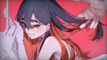 1girl backless_dress backless_outfit black_hair blush carmine_(pokemon) commentary dress gloves hair_between_eyes highres long_hair mole multicolored_hair ninkou_tan nintendo pokemon pokemon_sv red_background red_hair signature smile thick_eyebrows white_dress white_gloves yellow_eyes