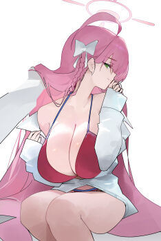 1girl absurdres ahoge bare_shoulders bikini blue_archive bow braid breasts collarbone dokshuri green_eyes hair_between_eyes hair_bow halo hanako_(blue_archive) hanako_(swimsuit)_(blue_archive) hand_up highres huge_ahoge huge_breasts long_hair long_sleeves looking_at_viewer looking_to_the_side official_alternate_costume open_clothes open_shirt pink_hair pink_halo profile red_bikini shirt side_braid simple_background single_bare_shoulder single_braid single_off_shoulder sitting sleeves_past_wrists smile solo string_bikini swimsuit thighs very_long_hair white_background white_bow white_shirt