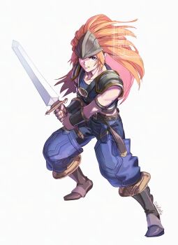 Rule 34 | 1boy, armor, artist name, belt, blue pants, blue shirt, boots, bracer, brown belt, clenched teeth, closed mouth, commentary request, crop top, duran (seiken densetsu 3), fighting stance, full body, hair slicked back, helmet, highres, holding, holding sword, holding weapon, long hair, male focus, orange hair, pants, purple eyes, seiken densetsu, seiken densetsu 3, shirt, shoulder armor, solo, sword, taruneko2006, teeth, weapon, white background