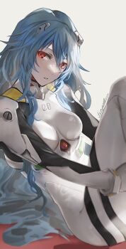 Rule 34 | 1girl, ayanami rei, blue hair, bodysuit, breasts, evangelion: 3.0+1.0 thrice upon a time, grey background, hair between eyes, hair ornament, hair over shoulder, highres, hugging own legs, ikuyoan, interface headset (evangelion), long hair, looking at viewer, mecha pilot suit, medium breasts, neon genesis evangelion, parted lips, plugsuit (evangelion), rebuild of evangelion, red eyes, sidelocks, signature, simple background, sitting, solo, striped bodysuit, twitter username, very long hair, white bodysuit