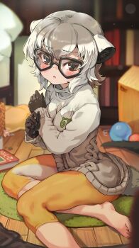 Rule 34 | 1girl, absurdres, barefoot, blush, brown gloves, capri pants, carpet, dress, glasses, gloves, grey hair, grey leggings, grey sweater, hair between eyes, highres, japari symbol, kemono friends, leggings, long sleeves, looking at viewer, meerkat (kemono friends), meerkat ears, meerkat tail, melaton, multicolored hair, on ground, orange eyes, orange leggings, pants, short hair, sidelocks, sitting, solo, sweater, sweater dress, turtleneck, turtleneck sweater, two-tone hair, two-tone leggings, two-tone sweater, white hair