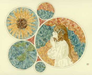 1girl brown_hair flower kishi_takuya long_hair mosaic_pattern original painting_(medium) pale_skin praying profile solo sunflower traditional_media upper_body watercolor_(medium)