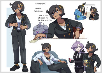 3girls anabel_(pokemon) black_hair bra breasts commentary couch dark-skinned_female dark_skin emma_(pokemon) english_commentary english_text espurr gen_6_pokemon highres jacket juno_son lida_(pokemon) long_hair long_sleeves medium_breasts multiple_girls nintendo office_lady open_clothes open_shirt pants pokemon pokemon_legends:_z-a pokemon_sm purple_eyes purple_hair shoes short_hair sitting teeth underwear
