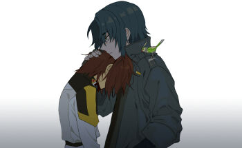 2boys animal animal_on_shoulder athrun_zala bird bird_on_shoulder blue_hair brown_hair closed_mouth gundam gundam_seed hand_on_another's_head high_collar jacket kira_yamato male_focus multiple_boys non-humanoid_robot robot robot_animal robot_bird seed0x0 short_hair simple_background torii_(gundam) upper_body white_background