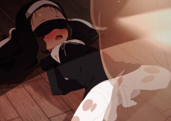 1boy 1girl angie_(meganekko-geki-love-1008) animated animated_gif arms_behind_back black_dress black_headwear blindfold blush brown_hair clenched_teeth coif commentary_request dress hetero invisible_man loli medium_hair no_shoes nose_blush nun open_mouth original paid_reward_available sex spread_legs teeth thighhighs tiptoes torn_clothes torn_thighhighs vaginal white_thighhighs