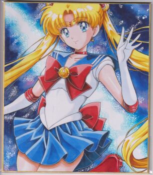 absurdres back_bow bishoujo_senshi_sailor_moon blue_eyes blue_sailor_collar blue_skirt boots bow bowtie chikoto_(kztc4472) choker circlet collarbone crescent crescent_earrings double_bun earrings elbow_gloves gem gloves hair_bun hair_ornament highres jewelry lips looking_at_viewer parted_bangs pleated_skirt red_boots red_bow red_bowtie red_choker red_gemstone sailor_collar sailor_moon shirt skirt smile traditional_media transformation_brooch_(sailor_moon) tsukino_usagi twintails white_shirt