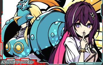 Rule 34 | 2girls, angel, angel girl, armor, azki (hololive), blonde hair, digimon, digimon (creature), hololive, japanese text, mask, multiple girls, ofanimon, virtual youtuber