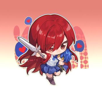 1girl artist_name blue_bow blue_bowtie blue_skirt blush boots bow bowtie brown_boots brown_eyes center_frills character_doll chibi chibi_only commentary dated doll erza_scarlet fairy_tail frills full_body gradient_background heart highres holding holding_doll holding_sword holding_weapon jellal_fernandes knees_up long_hair looking_at_viewer red_hair shirt shirt_tucked_in simple_background skirt sleeveless sleeveless_shirt solo spoken_heart sword very_long_hair weapon white_shirt xuchuan