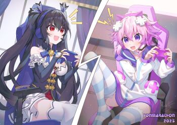2girls animal_ear_headphones animal_ears bare_shoulders binato_lulu black_hair breasts chair choker cleavage commentary controller d-pad d-pad_hair_ornament fake_animal_ears game_controller gaming_chair hair_between_eyes hair_ornament hair_ribbon headphones hood hoodie jewelry long_hair medium_breasts multiple_girls neck_ring neptune_(neptunia) neptune_(series) noire_(neptunia) open_mouth purple_eyes purple_hair red_eyes ribbon short_hair sidelocks socks striped_clothes striped_socks striped_thighhighs swivel_chair thighhighs twintails