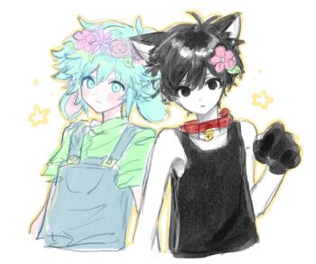 Rule 34 | 2boys, :<, animal ears, antenna hair, basil (headspace) (omori), basil (omori), bell, black eyes, black hair, black tank top, blue overalls, blush, cat boy, cat ears, closed mouth, collar, colored skin, commentary request, flower, flower wreath, gift art, green eyes, green hair, green shirt, hair flower, hair ornament, head wreath, kemonomimi mode, looking at viewer, male focus, multiple boys, neck bell, omori, omori (omori), outline, overalls, rabbit boy, rabbit ears, red collar, salt xs2, shirt, short hair, short sleeves, sidelocks, simple background, sketch, t-shirt, tank top, white background, white skin, yellow outline