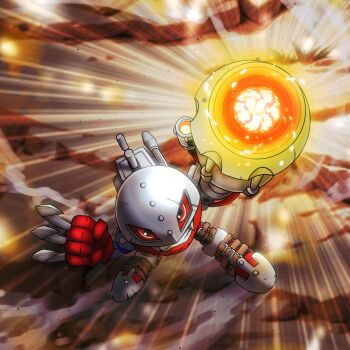 Rule 34 | belt, cannon, claws, digimon, digimon (creature), highres, metalmamemon, red eyes, solo, teeth