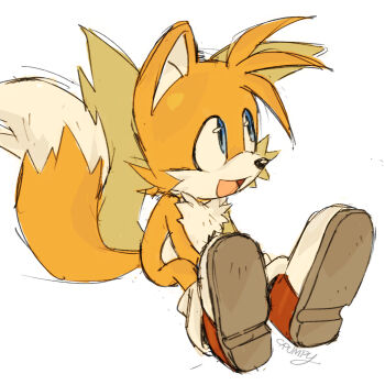 1boy animal_ears blue_eyes chronocrump fox_boy fox_ears fox_tail highres looking_at_viewer multiple_tails open_mouth red_shoes shoes smile solo sonic_(series) tail tails_(sonic) white_background white_fur yellow_fur