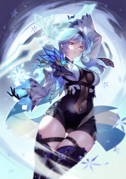 1girl absurdres blue_hair bodysuit boots breasts cleavage eula_(genshin_impact) genshin_impact headband highres holding holding_weapon huge_filesize lemonpear looking_at_viewer medium_breasts see-through_clothes snow snowflakes solo sword thick_thighs thigh_boots thighhighs thighs weapon