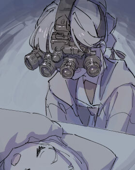 2girls :d anyoji_hime brown_dress clip_studio_paint_(medium) closed_eyes commentary_request dress fang goggles hair_ribbon hasu_no_sora_school_uniform highres hood hooded_jacket jacket lao_ren_xing link!_like!_love_live! long_hair long_sleeves love_live! lying making-of_available multi-tied_hair multiple_girls night_vision_device on_back open_clothes open_jacket open_mouth osawa_rurino pink_jacket ponytail ribbon sailor_collar sailor_dress school_uniform sleeping smile u_u under_covers virtual_youtuber white_sailor_collar winter_uniform