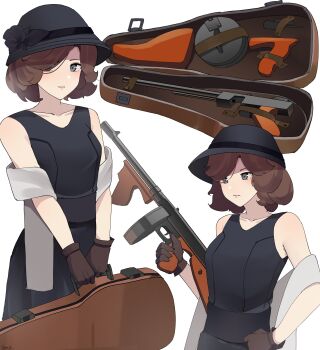 1girl absurdres blue_eyes brown_gloves brown_hair cloche_hat drum_magazine flapper_girl gangster gar32 gloves grip gun hair_over_one_eye hat highres holding holding_case holding_gun holding_weapon magazine_(weapon) one_eye_covered original scarf solo submachine_gun thompson_submachine_gun trigger_discipline violin_case weapon