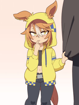 1boy 1girl aged_down animal_ears blush brown_hair commentary_request dicta_striker_(umamusume) ear_ornament ears_through_headwear ears_through_hood glasses hair_between_eyes highres ho_1000_ka hood hooded_jacket hoodie horse_ears horse_girl horse_tail jacket kouchi_tadashi long_hair long_sleeves multicolored_hair shirt short_hair streaked_hair tail umamusume umamusume:_cinderella_gray white_hair yellow_eyes yellow_hood yellow_hoodie yellow_jacket