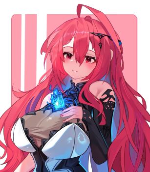 1girl ahoge bare_shoulders black_dress blue_fire blush breasts cleavage clulless colored_inner_hair commentary double-parted_bangs dress elizabeth_rose_bloodflame english_commentary fingernails fire fire_on_chest hair_between_eyes hair_ornament highres hololive hololive_english huge_ahoge large_breasts long_hair long_sleeves looking_at_viewer multicolored_hair nail_polish parted_lips red_eyes red_hair red_nails see-through_cleavage see-through_clothes smile solo upper_body virtual_youtuber