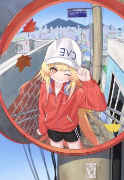 Rule 34 | 1girl, absurdres, baseball cap, blonde hair, blue sky, city, clear sky, commentary, dot nose, english commentary, gradient hair, hair between eyes, hand on headwear, hat, headphones, headphones around neck, highres, hololive, jacket, leaf, long hair, multicolored hair, on stairs, one eye closed, open mouth, orange eyes, orange hair, otonose kanade, outdoors, red jacket, reflection, selopangji, sky, standing, teeth, virtual youtuber, white hat