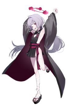 1girl absurdres armpits arms_up bandaged_leg bandages bandaid bandaid_on_pussy bandaids_on_nipples bell blue_archive bongnom clenched_hand coat commentary full_body gauze gauze_on_cheek grey_hair halo highres one_eye_closed pasties red_halo sandals sash shuro_(blue_archive) sideless_kimono sideless_outfit solo symbol-only_commentary white_background
